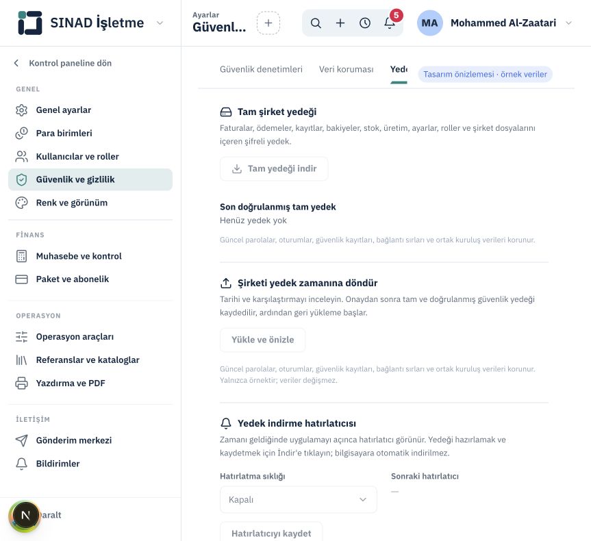 SINAD yedeğini indirme ve güvenli geri yükleme