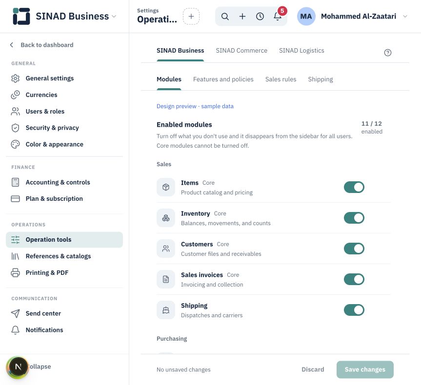 Operating tools and sales rules