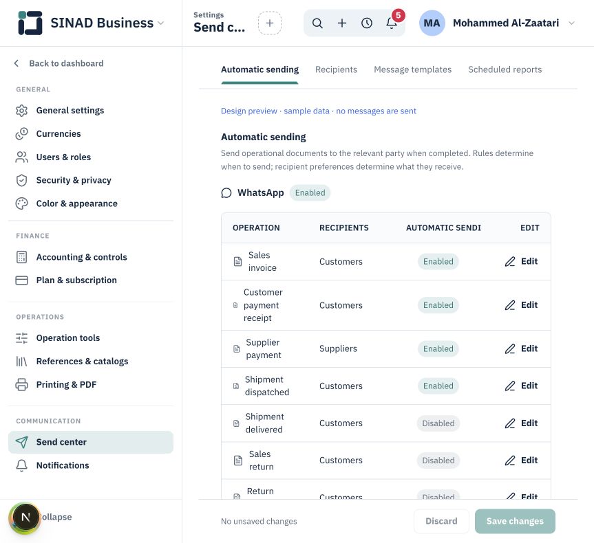 Send Center: email, WhatsApp and recipients