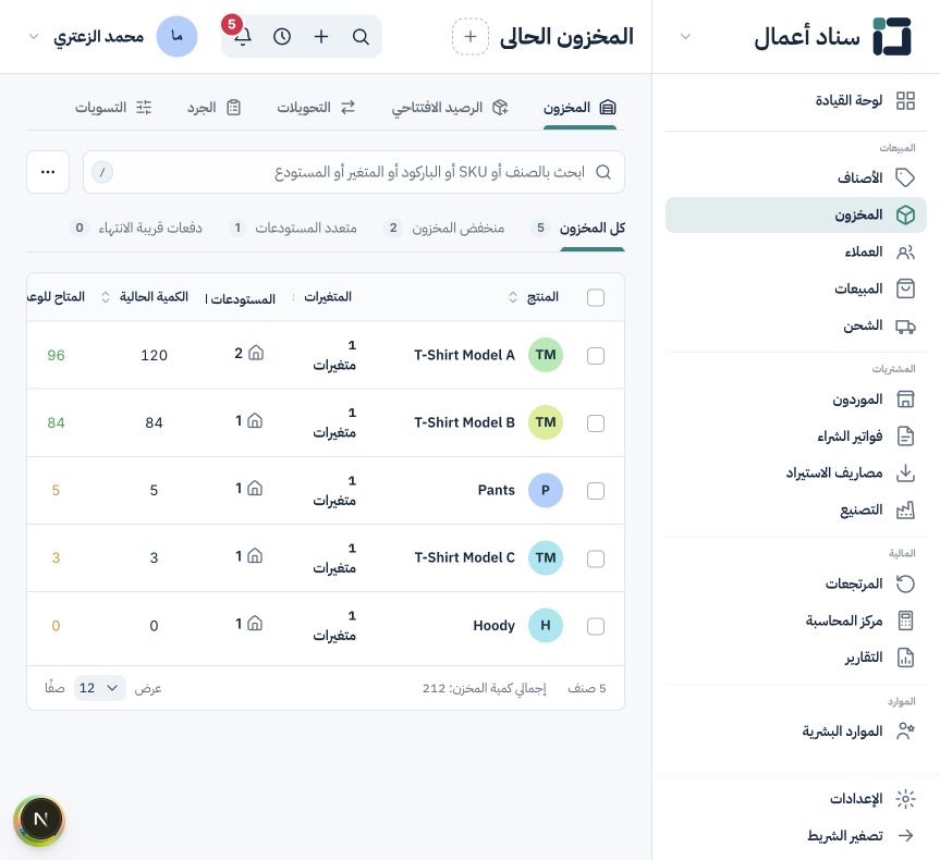 المخزون والجرد والتحويلات